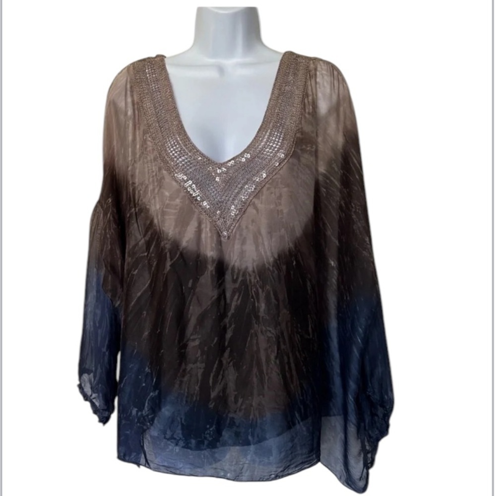 Saks Fifth Avenue Italy silk blouse tab sleeves crochet bohemian colorblock S - Picture 9 of 10